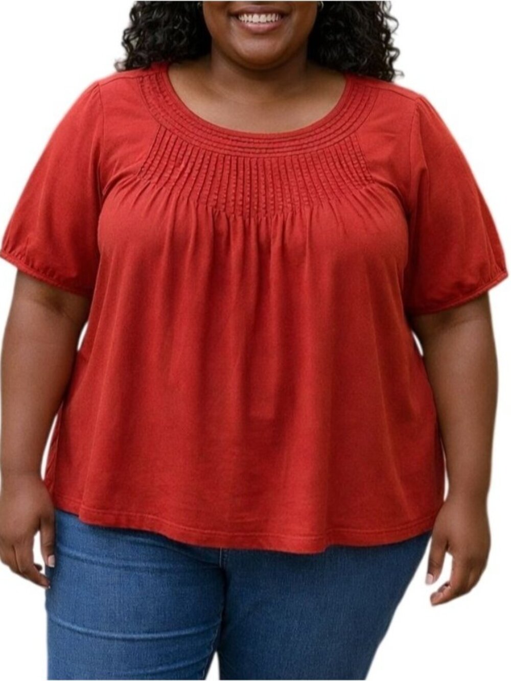 Venezia Plus Size 22/24 Top Red Pintuck Short Sleeve Scoop Neck Blouse